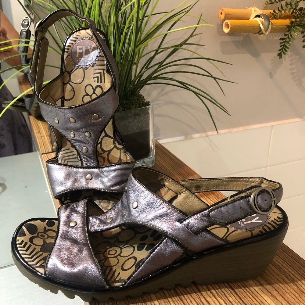 Fly London Odum Silver Wedge Leather Sandals, Women's 40 (US 9-9.5)